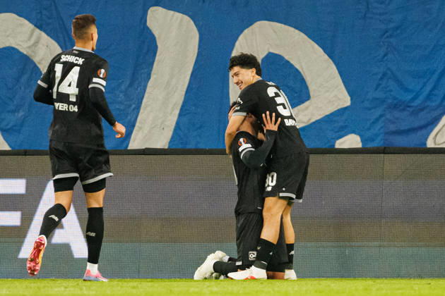 Malik Tillman seen celebrating after goal during UEFA Europe League 2026 2027 league phase game between teams of Lech Poznan and Bayer Leverkusen (Ernest Kolodziej Ball Raw Images) Poznan ENEA Stadion Poland Copyright: xErnestxKolodziejx ernestkolodziej_lech_bayer_2627KOL_7848