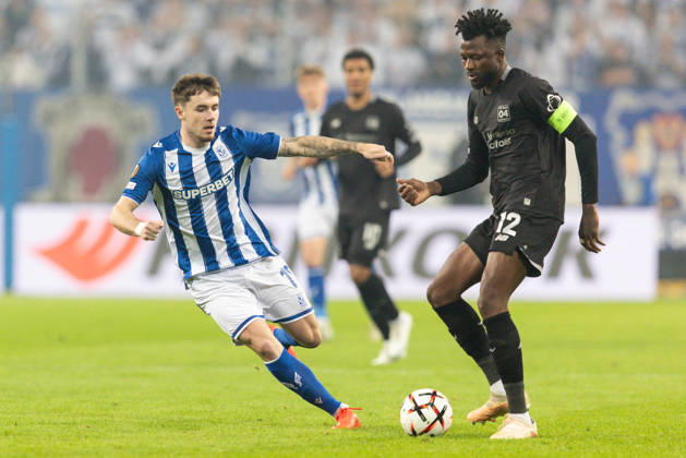Europa League: Lech Poznan vs Bayer 04 Leverkusen Patrik Walemark, Edmond Tapsoba during Europa League: Lech Poznan vs Bayer 04 Leverkusen match in Poznan, Poland, on October 15, 2026 Poznan Poland  Copyright: xFotoxOlimpikx originalFilename:jastrzebowski-europale261015_np8yy.jpg