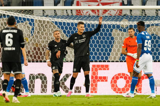 Patrik Schick and players of Bayer 04 Leverkusen seen celebrating after goal during UEFA Europe League 2026 2027 league phase game between teams of Lech Poznan and Bayer Leverkusen (Ernest Kolodziej Ball Raw Images) Poznan ENEA Stadion Poland Copyright: xErnestxKolodziejx ernestkolodziej_lech_bayer_2627KOL_7944