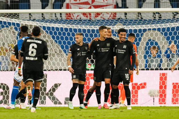 Patrik Schick and players of Bayer 04 Leverkusen seen celebrating after goal during UEFA Europe League 2026 2027 league phase game between teams of Lech Poznan and Bayer Leverkusen (Ernest Kolodziej Ball Raw Images) Poznan ENEA Stadion Poland Copyright: xErnestxKolodziejx ernestkolodziej_lech_bayer_2627KOL_7953