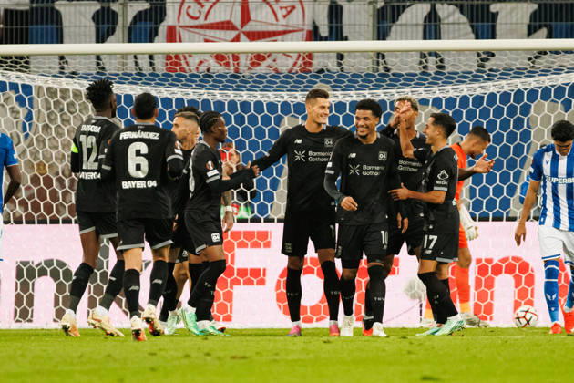Patrik Schick and players of Bayer 04 Leverkusen seen celebrating after goal during UEFA Europe League 2026 2027 league phase game between teams of Lech Poznan and Bayer Leverkusen (Ernest Kolodziej Ball Raw Images) Poznan ENEA Stadion Poland Copyright: xErnestxKolodziejx ernestkolodziej_lech_bayer_2627KOL_7957