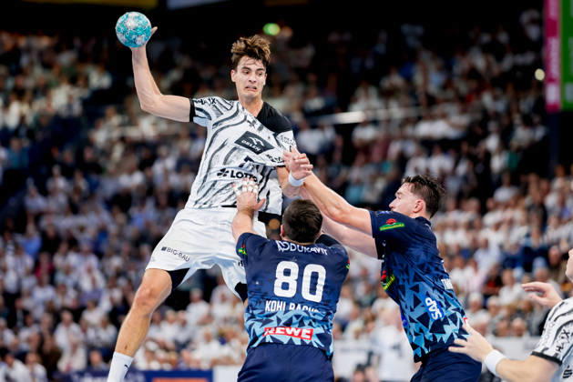 Kiel, 15. Oktober 2026 - Handball, 1. Bundesliga 2026 27, THW Kiel - Rhein-Neckar Löwen: Julian Köster (THW Kiel, 7), Jannik Kohlbacher (Rhein-Neckar Löwen, 80), Robert Timmermeister (Rhein-Neckar Löwen, 7)