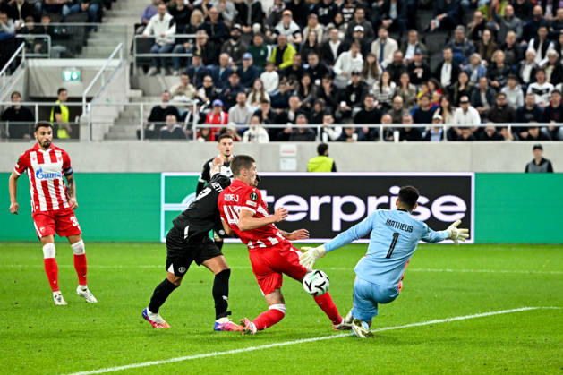 LUGANO, SWITZERLAND - OCTOBER 15: Albian Ajeti of FC Lugano scores a goal against goalkeeper Matheus Magalhaes of FK Crvena Zvezda during the UEFA Conference League 2026 27 League Phase MD1 match between FC Lugano and FK Crvena Zvezda at Lugano Arena on October 15, 2026 in Lugano, Switzerland. Lugano Lugano Arena Ticino Switzerland Copyright: xJustPictures.ch AndreaxBrancax jp-en-EuSpIm-AB_15102026_6587