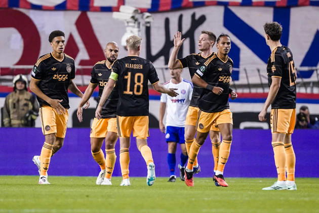 Fussball: Kroatien: UEFA Conference League 2026 2027 - 1. Runde, 15.10.2026 - HNK Hajduk Split vs. AFC Ajax Amsterdam - Stadion Poljud (Split, Kroatien); Ajax bejubelt sein Tor zum 1-1 Copyright: xLUKAxKOLANOVICx