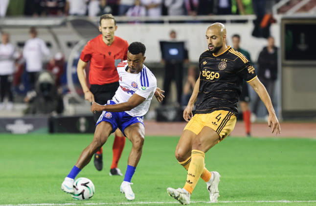 UEFA Conference League HNK Hajduk Split v AFC Ajax Dalisson de Almeida of Hajduk in action against Sofyan Amrabat of Ajax during the UEFA Conference League 2026 27 League Phase MD1 match between HNK Hajduk Split and AFC Ajax at Stadion Poljud on October 15, 2026 in Split, Croatia.  IvoxCagalj PIXSELL