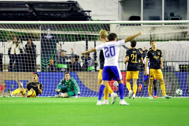 SPLIT, 15 10-2026, Poljud Stadium , season 2026 2027 , UEFA Conference League Football . Match between Hajduk Split and Ajax. Picture shows dejection after the 2-1 by Ajax Marc-AndrÃ ter Stegen , Youri Baas , Aaron Bouwman Hajduk Split - Ajax  x208450827x Copyright: