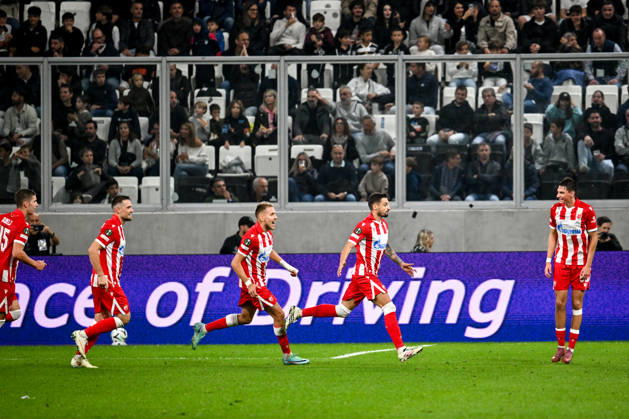 LUGANO, SWITZERLAND - OCTOBER 15: Rade Krunic of FK Crvena Zvezda R) celebrates his goal during the UEFA Conference League 2026 27 League Phase MD1 match between FC Lugano and FK Crvena Zvezda at Lugano Arena on October 15, 2026 in Lugano, Switzerland. Lugano Lugano Arena Ticino Switzerland Copyright: xJustPictures.ch AndreaxBrancax jp-en-EuSpIm-AB_15102026_4513