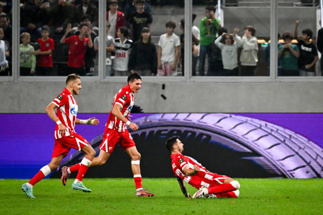 LUGANO, SWITZERLAND - OCTOBER 15: Rade Krunic of FK Crvena Zvezda R) celebrates his goal during the UEFA Conference League 2026 27 League Phase MD1 match between FC Lugano and FK Crvena Zvezda at Lugano Arena on October 15, 2026 in Lugano, Switzerland. Lugano Lugano Arena Ticino Switzerland Copyright: xJustPictures.ch AndreaxBrancax jp-en-EuSpIm-AB_15102026_4533