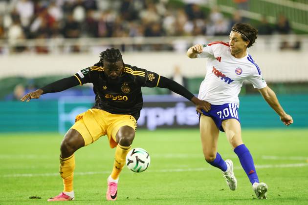 SPLIT, 15 10-2026, Poljud Stadium , season 2026 2027 , UEFA Conference League Football . Match between Hajduk Split and Ajax. Picture shows Toluwalase Arokodare and Alberto Del Moral Hajduk Split - Ajax  x208451802x Copyright: