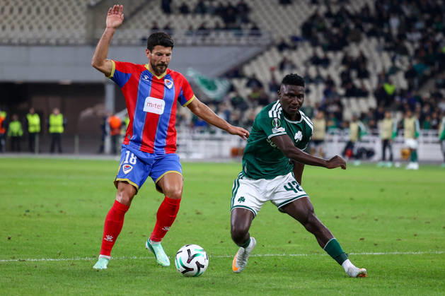Panathinaikos F.C. v FK Borac Banja Luka UEFA Europa Conference League Kings Kangwa of Panathinaikos F.C. and Milos Jojic of FK Borac Banja Luka during the UEFA Europa Conference League match at Olympic Stadium, Athens 15 10 2026 UK Newspapers OUT Copyright: xYannisxHalasx FIL-24071-0060