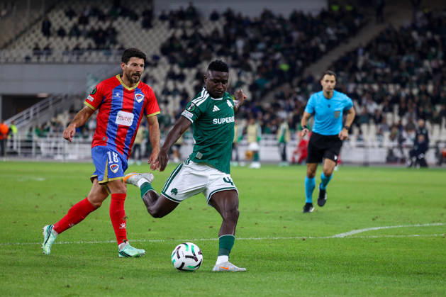 Panathinaikos F.C. v FK Borac Banja Luka UEFA Europa Conference League Kings Kangwa of Panathinaikos F.C. and Milos Jojic of FK Borac Banja Luka during the UEFA Europa Conference League match at Olympic Stadium, Athens 15 10 2026 UK Newspapers OUT Copyright: xYannisxHalasx FIL-24071-0061