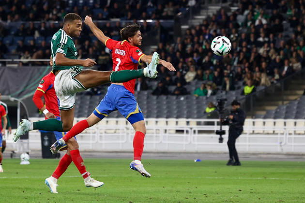 Panathinaikos F.C. v FK Borac Banja Luka UEFA Europa Conference League Cyril Dessers of Panathinaikos F.C. and Bart Meijers of FK Borac Banja Luka during the UEFA Europa Conference League match at Olympic Stadium, Athens 15 10 2026 UK Newspapers OUT Copyright: xYannisxHalasx FIL-24071-0062