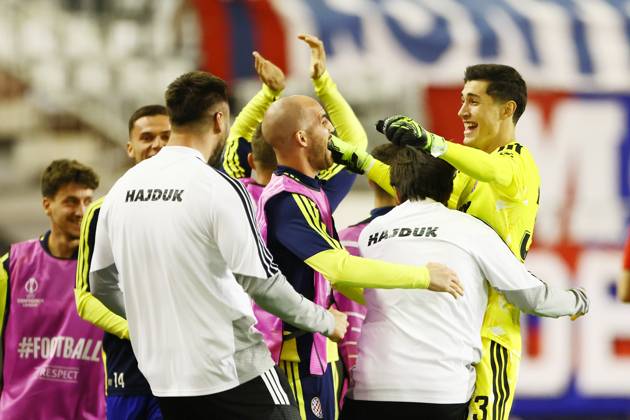 SPLIT, 15 10-2026, Poljud Stadium , season 2026 2027 , UEFA Conference League Football . Match between Hajduk Split and Ajax. Picture shows Hajduk celebrate the 2-1 Hajduk Split - Ajax  x208452038x Copyright: