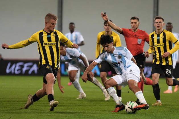 Salah Oulad M Hand of Riga FC and Jaakko Oksanen of Kairat compete for the ball during a UEFA Conference League soccer match between Latvia™s Riga FC and Kazakhstan™s Kairat Almaty at Skonto Stadium in Riga, Latvia, Thursday, Oct. 15, 2026. Riga Latvia Copyright: xRomanxKoksarovx RKV02443.JPG