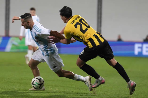Raki Aouani of Riga FC and Erkin Tapalov of Kairat compete for the ball during a UEFA Conference League soccer match between Latvia™s Riga FC and Kazakhstan™s Kairat Almaty at Skonto Stadium in Riga, Latvia, Thursday, Oct. 15, 2026. Riga Latvia Copyright: xRomanxKoksarovx RKV02564.JPG