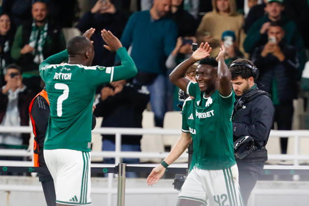 Panathinaikos F.C. v FK Borac Banja Luka UEFA Europa Conference League Kings Kangwa of Panathinaikos F.C. celebrates after scoring a goal with Andreas Tetteh during the UEFA Europa Conference League match at Olympic Stadium, Athens 15 10 2026 UK Newspapers OUT Copyright: xYannisxHalasx FIL-24071-0066