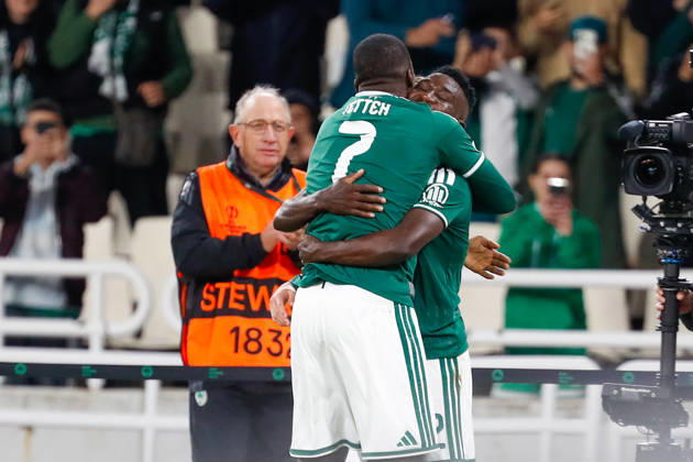 Panathinaikos F.C. v FK Borac Banja Luka UEFA Europa Conference League Kings Kangwa of Panathinaikos F.C. celebrates after scoring a goal with Andreas Tetteh during the UEFA Europa Conference League match at Olympic Stadium, Athens 15 10 2026 UK Newspapers OUT Copyright: xYannisxHalasx FIL-24071-0067
