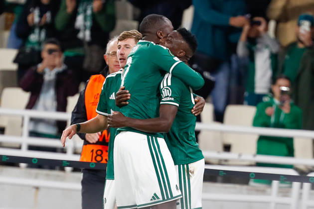 Panathinaikos F.C. v FK Borac Banja Luka UEFA Europa Conference League Kings Kangwa of Panathinaikos F.C. celebrates after scoring a goal with Andreas Tetteh during the UEFA Europa Conference League match at Olympic Stadium, Athens 15 10 2026 UK Newspapers OUT Copyright: xYannisxHalasx FIL-24071-0068