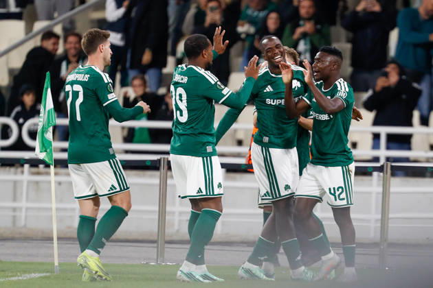 Panathinaikos F.C. v FK Borac Banja Luka UEFA Europa Conference League Kings Kangwa of Panathinaikos F.C. celebrates with his team mates scoring a goal during the UEFA Europa Conference League match at Olympic Stadium, Athens 15 10 2026 UK Newspapers OUT Copyright: xYannisxHalasx FIL-24071-0069
