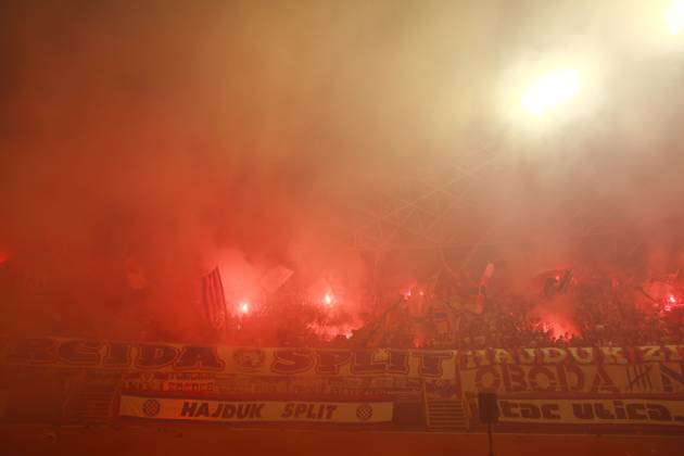 SPLIT, 15 10-2026, Poljud Stadium , season 2026 2027 , UEFA Conference League Football . Match between Hajduk Split and Ajax. Picture shows fireworks cause the match to be postponed for a while Hajduk Split - Ajax  x208452643x Copyright: