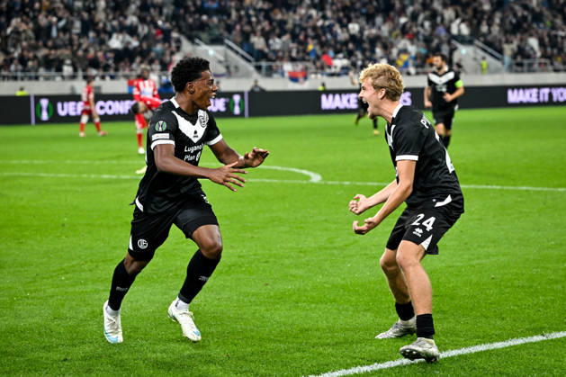 LUGANO, SWITZERLAND - OCTOBER 15: Dereck Moncada of FC Lugano L) celebrates his goal with Erik Elias Pihlstrom of FC Lugano R) during the UEFA Conference League 2026 27 League Phase MD1 match between FC Lugano and FK Crvena Zvezda at Lugano Arena on October 15, 2026 in Lugano, Switzerland. Lugano Lugano Arena Ticino Switzerland Copyright: xJustPictures.ch AndreaxBrancax jp-en-EuSpIm-AB_15102026_7198
