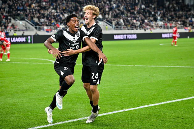 LUGANO, SWITZERLAND - OCTOBER 15: Dereck Moncada of FC Lugano L) celebrates his goal with Erik Elias Pihlstrom of FC Lugano R) during the UEFA Conference League 2026 27 League Phase MD1 match between FC Lugano and FK Crvena Zvezda at Lugano Arena on October 15, 2026 in Lugano, Switzerland. Lugano Lugano Arena Ticino Switzerland Copyright: xJustPictures.ch AndreaxBrancax jp-en-EuSpIm-AB_15102026_7203