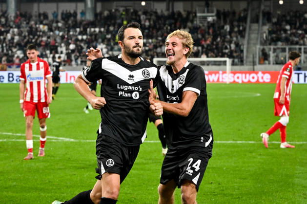 LUGANO, SWITZERLAND - OCTOBER 15: Anto Grgic of FC Lugano L) celebrates his goal with Erik Elias Pihlstrom of FC Lugano R) during the UEFA Conference League 2026 27 League Phase MD1 match between FC Lugano and FK Crvena Zvezda at Lugano Arena on October 15, 2026 in Lugano, Switzerland. Lugano Lugano Arena Ticino Switzerland Copyright: xJustPictures.ch AndreaxBrancax jp-en-EuSpIm-AB_15102026_7449