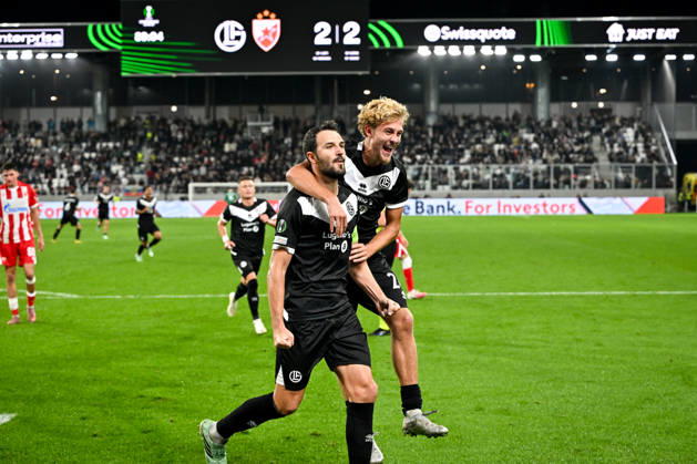 LUGANO, SWITZERLAND - OCTOBER 15: Anto Grgic of FC Lugano L) celebrates his goal with Erik Elias Pihlstrom of FC Lugano R) during the UEFA Conference League 2026 27 League Phase MD1 match between FC Lugano and FK Crvena Zvezda at Lugano Arena on October 15, 2026 in Lugano, Switzerland. Lugano Lugano Arena Ticino Switzerland Copyright: xJustPictures.ch AndreaxBrancax jp-en-EuSpIm-AB_15102026_7455