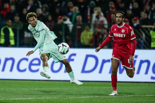 SOCCER - UEFA Conference League - CSKA vs. AS Monaco Photo by IPA ABACAPRESS.COM89725274 - Monaco s Paris Brunner in action against CSKA s Dinis Almeida during the UEFA Conference League match between PFC CSKA and AS Monaco at Vasil Levski National Stadium in Sofia, Bulgaria, on October 15, 2026 Sofia Bulgaria Copyright: xIPAxSport ABACAx