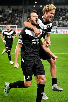LUGANO, SWITZERLAND - OCTOBER 15: Anto Grgic of FC Lugano L) celebrates his goal with Erik Elias Pihlstrom of FC Lugano R) during the UEFA Conference League 2026 27 League Phase MD1 match between FC Lugano and FK Crvena Zvezda at Lugano Arena on October 15, 2026 in Lugano, Switzerland. Lugano Lugano Arena Ticino Switzerland Copyright: xJustPictures.ch AndreaxBrancax jp-en-EuSpIm-AB_15102026_7456