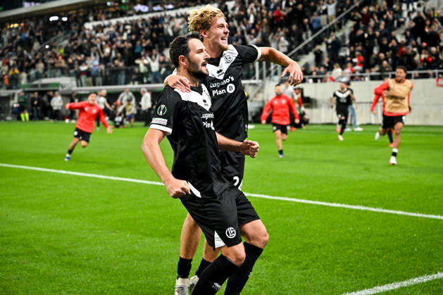 LUGANO, SWITZERLAND - OCTOBER 15: Anto Grgic of FC Lugano L) celebrates his goal with Erik Elias Pihlstrom of FC Lugano R) during the UEFA Conference League 2026 27 League Phase MD1 match between FC Lugano and FK Crvena Zvezda at Lugano Arena on October 15, 2026 in Lugano, Switzerland. Lugano Lugano Arena Ticino Switzerland Copyright: xJustPictures.ch AndreaxBrancax jp-en-EuSpIm-AB_15102026_7477