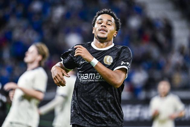 Gent s Momodou Lamin Sonko reacts during a soccer game between Belgian KAA Gent and Danish Aarhus GF, Thursday 15 October 2026 in Gent, the opening match of the UEFA Conference League league phase. TOMxGOYVAERT  x189910990x