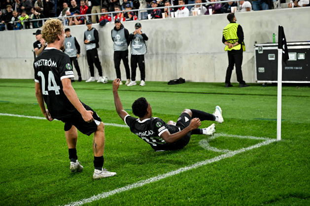 LUGANO, SWITZERLAND - OCTOBER 15: Dereck Moncada of FC Lugano R) celebrates his goal with Erik Elias Pihlstrom of FC Lugano L) during the UEFA Conference League 2026 27 League Phase MD1 match between FC Lugano and FK Crvena Zvezda at Lugano Arena on October 15, 2026 in Lugano, Switzerland. Lugano Lugano Arena Ticino Switzerland Copyright: xJustPictures.ch AndreaxBrancax jp-en-EuSpIm-AB_15102026_7246