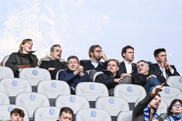 Gent s owner Sam Baro; Gent s advisor Michel Louwagie and Gent s technical coordinator Gunther Schepens pictured at the start of a soccer game between Belgian KAA Gent and Danish Aarhus GF, Thursday 15 October 2026 in Gent, the opening match of the UEFA Conference League league phase. TOMxGOYVAERT  x189912142x