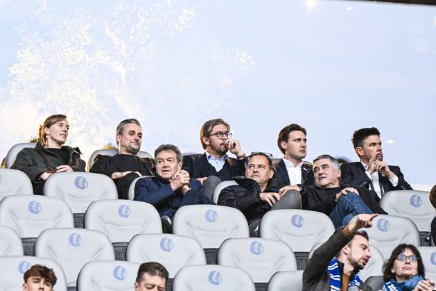Gent s owner Sam Baro; Gent s advisor Michel Louwagie and Gent s technical coordinator Gunther Schepens pictured at the start of a soccer game between Belgian KAA Gent and Danish Aarhus GF, Thursday 15 October 2026 in Gent, the opening match of the UEFA Conference League league phase. TOMxGOYVAERT  x189913291x
