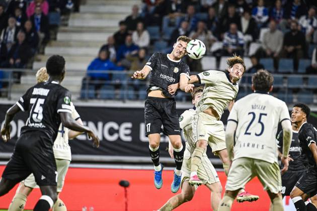 Gent s Mathias Delorge and Aarhus Jacob Andersen pictured in action during a soccer game between Belgian KAA Gent and Danish Aarhus GF, Thursday 15 October 2026 in Gent, the opening match of the UEFA Conference League league phase. TOMxGOYVAERT  x189914932x