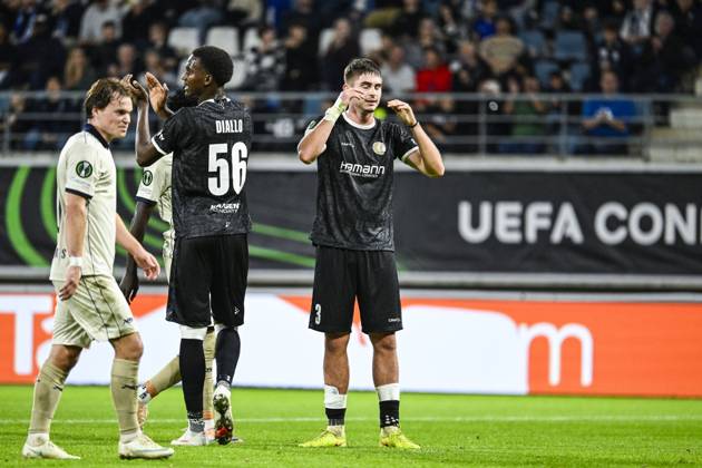 Gent s Maksim Paskotsi reacts during a soccer game between Belgian KAA Gent and Danish Aarhus GF, Thursday 15 October 2026 in Gent, the opening match of the UEFA Conference League league phase. TOMxGOYVAERT  x189915246x