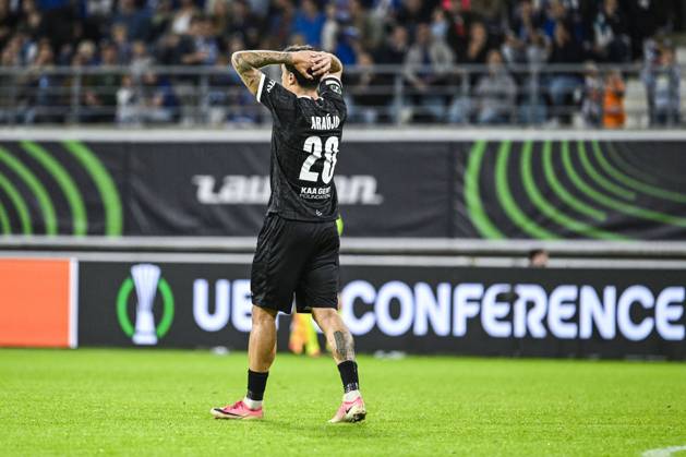 Gent s Tiago Araujo reacts during a soccer game between Belgian KAA Gent and Danish Aarhus GF, Thursday 15 October 2026 in Gent, the opening match of the UEFA Conference League league phase. TOMxGOYVAERT  x189915314x