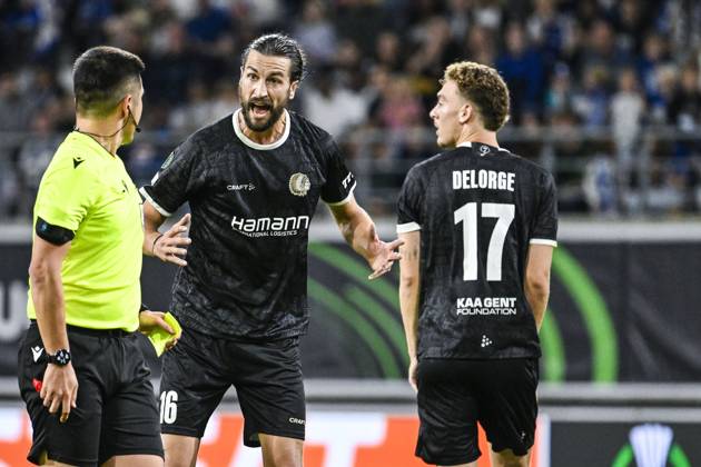 Gent s Christian Burgess reacts during a soccer game between Belgian KAA Gent and Danish Aarhus GF, Thursday 15 October 2026 in Gent, the opening match of the UEFA Conference League league phase. TOMxGOYVAERT  x189918323x