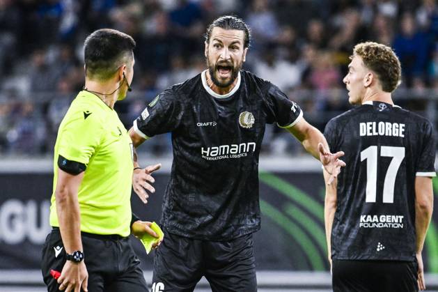 Gent s Christian Burgess reacts during a soccer game between Belgian KAA Gent and Danish Aarhus GF, Thursday 15 October 2026 in Gent, the opening match of the UEFA Conference League league phase. TOMxGOYVAERT  x189918763x
