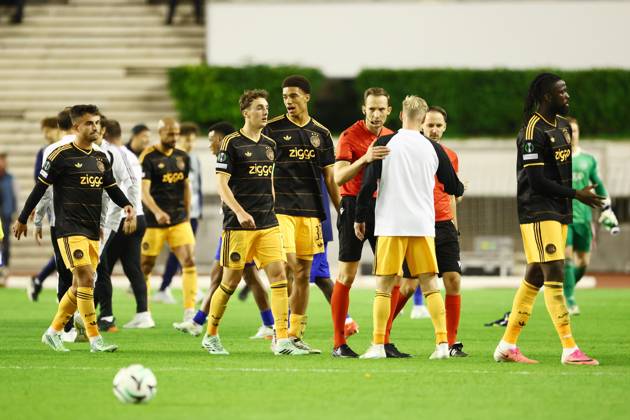 SPLIT, 15 10-2026, Poljud Stadium , season 2026 2027 , UEFA Conference League Football . Match between Hajduk Split and Ajax 2-1. Picture shows Ajax Marc-AndrÃ ter Stegen 1 Ajax Jofre Torrents 21 Ajax Youri Baas 15 Ajax Aaron Bouwman 30 Ajax Thilo Kehrer 6 Ajax Julian Brandt 8 Ajax Sofyan Amrabat 4 Ajax Davy Klaassen 18 Ajax Abdellah Ouazane 68 Ajax Toluwalase Arokodare 99 Ajax Viktor Tsygankov 11 Hajduk Split Toni SiliÄ‡ 33 Hajduk Split Mathieu AcapandiÃ 22 Hajduk Split Dennis HadÅ¾ikaduniÄ‡ 6 Hajduk Split Dario MareÅ¡iÄ‡ 15 Hajduk Split Å imun HrgoviÄ‡ 32 Hajduk Split Khalil Fayad 8 Hajduk Split Alberto Del Moral 20 Hajduk Split Abdoulie Sanyang 7 Hajduk Split Dalisson De Almeida Leite 9 Hajduk Split Marin Å otiÄek 23 Hajduk Split Michele Å ego 11 Hajduk Split - Ajax  x208453099x Copyright: