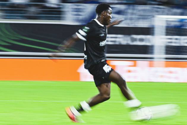 Gent s Hyllarion Goore pictured in action during a soccer game between Belgian KAA Gent and Danish Aarhus GF, Thursday 15 October 2026 in Gent, the opening match of the UEFA Conference League league phase. TOMxGOYVAERT  x189921556x