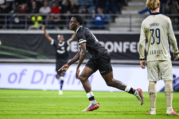 Gent s Hyllarion Goore celebrates after scoring during a soccer game between Belgian KAA Gent and Danish Aarhus GF, Thursday 15 October 2026 in Gent, the opening match of the UEFA Conference League league phase. TOMxGOYVAERT  x189921984x