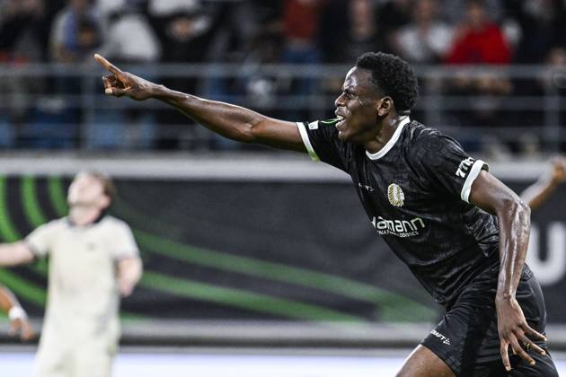 Gent s Hyllarion Goore celebrates after scoring during a soccer game between Belgian KAA Gent and Danish Aarhus GF, Thursday 15 October 2026 in Gent, the opening match of the UEFA Conference League league phase. TOMxGOYVAERT  x189922175x