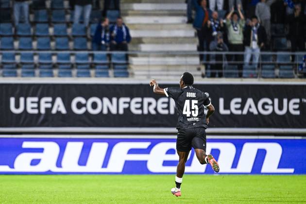 Gent s Hyllarion Goore celebrates after scoring during a soccer game between Belgian KAA Gent and Danish Aarhus GF, Thursday 15 October 2026 in Gent, the opening match of the UEFA Conference League league phase. TOMxGOYVAERT  x189922387x