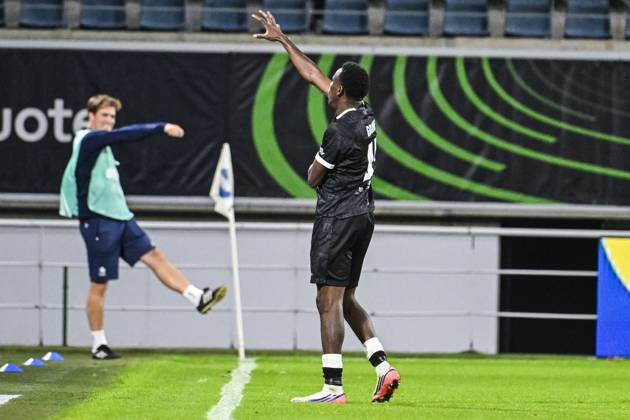 Gent s Hyllarion Goore celebrates after scoring during a soccer game between Belgian KAA Gent and Danish Aarhus GF, Thursday 15 October 2026 in Gent, the opening match of the UEFA Conference League league phase. TOMxGOYVAERT  x189922477x