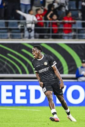 Gent s Hyllarion Goore celebrates after scoring during a soccer game between Belgian KAA Gent and Danish Aarhus GF, Thursday 15 October 2026 in Gent, the opening match of the UEFA Conference League league phase. TOMxGOYVAERT  x189922553x