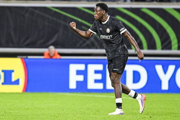 Gent s Hyllarion Goore celebrates after scoring during a soccer game between Belgian KAA Gent and Danish Aarhus GF, Thursday 15 October 2026 in Gent, the opening match of the UEFA Conference League league phase. TOMxGOYVAERT  x189922589x