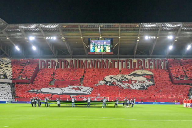 Choreo Der Traum vom Titel bleibt GER, SC Freiburg vs JK Jablonec, Fussball, Uefa Conference League, 1. Spieltag, Saison 2026 2027, 15.10.2026 GER, SC Freiburg vs JK Jablonec, Fussball, Uefa Conference League, 1. Spieltag, Saison 2026 2027, 15.10.2026 Freiburg Copyright: xEibner-Pressefotox EP_THS