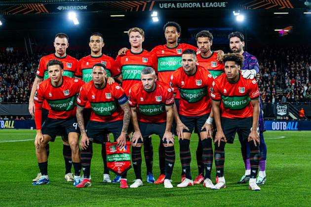 NIJMEGEN - (l-r) Darko Nejasmic of NEC Nijmegen, Gabriel Bras of NEC Nijmegen, Perr Schuurs of NEC Nijmegen, Kevin Kers of NEC Nijmegen, Deveron Fonville of NEC Nijmegen, Goalkeeper Gonzalo Crettaz of NEC Nijmegen, Clement Bischoff of NEC Nijmegen, Tjaronn Chery of NEC Nijmegen, Bryan Linssen of NEC Nijmegen, Dusan Tadic of NEC Nijmegen and Noe Lebreton of NEC Nijmegen pose for a team photo ahead of the UEFA Europa League match between NEC Nijmegen and Levski Sofia at the Goffertstadion on 15 October 2026 in Nijmegen, the Netherlands. KEVIN SENDERS ANP UEFA Europa League 2026 27 xVIxANPxSportx xMarcelxterxBalsxIVx 572551000 originalFilename: 572551000.jpg